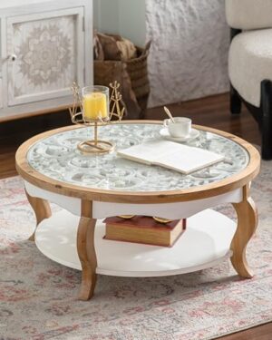 Dorivibe 31.5" Round Coffee Table with Glass Top, Vintage French Country Solid Wood Circle Center Table with Curved Legs & Removable Tempered Glass End Table for Living Room