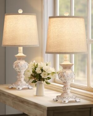 Drawealth 21'' Small Table Lamps for Bedroom Bedside Lamps Set of 2 Farmhouse Nightstand Lamps with Carved Floral Vintage Side Table Lamps for Living Room Kids Office, White, Bulb Not Include