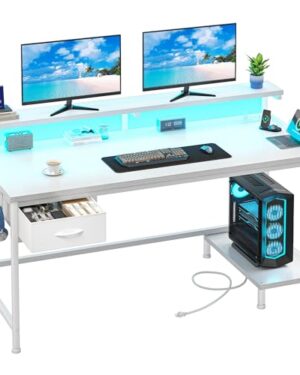 DurayLoly 39.3" Computer Desk with Power Outlet & Fabric Drawer,White