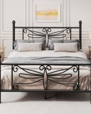E-Ser Full Size Bed Frame, Metal Platform Bed with Dragonfly Pattern, Black