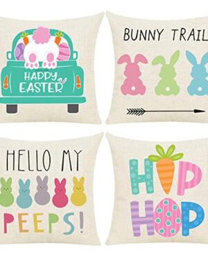 Easter Pillow Covers 18x18 Inch Set of 4PCS Easter Decorations Bunny Truck Hello Peeps Hip Hop Spring Farmhouse Throw Pillows Cover for Home Decor Easter Decorative