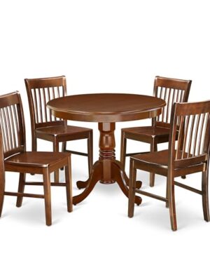 East West Furniture ANNO5-MAH-W 5 Piece Dining Set Includes a Round Dining Room Table with Pedestal and 4 Wood Seat Chairs, 36x36 Inch, Mahogany