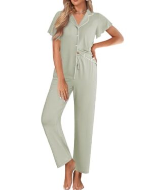 Ekouaer Pajamas for Women Set Ruffle Sleeve Button Up with Long Pants