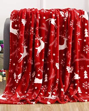 Elegant Comfort Luxury Velvet Super Soft Christmas Prints Fleece Blanket-Holiday Theme Home Décor Fuzzy Warm and Cozy Throws for Winter Bedding, Couch and Gift, 50 x 60 inch, Burgundy Reindeer