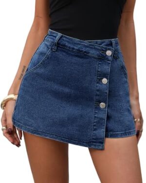 ELLEVEN Asymmetrical Skorts for Women Stretch Denim Mini Skirt Button Front High Waisted with Shorts Underneath Y2K Jean Wrap Skort Country Concert Outfits Trendy Dark Blue Denim Small