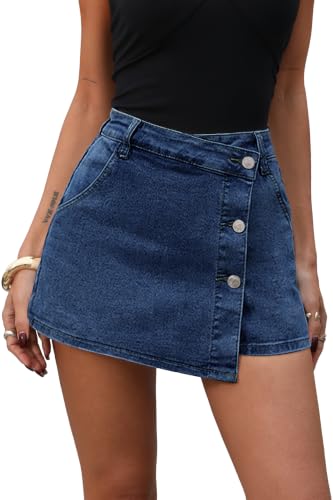 ELLEVEN Asymmetrical Skorts for Women Stretch Denim Mini Skirt Button Front High Waisted with Shorts Underneath Y2K Jean Wrap Skort Country Concert Outfits Trendy Dark Blue Denim Small