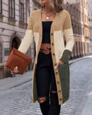 EMERY ROSE Women's Autumn Contrast Color Long Sleeve Single-Breasted Casual Knit Cardigan