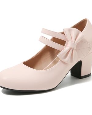 Enelauge Women's Mary Jane Heels Bow Retro Closed Round Toe Pumps Sweet Ankle Strap Block Heels Bowtie Vintage Dress Wedding Shoes Pink Matte 38-7US