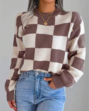 Fall Winter Plaid Color Block Sweater Women's Fitted Waist Crewneck Long Sleeve Casual Vacation Pullover Knit Top