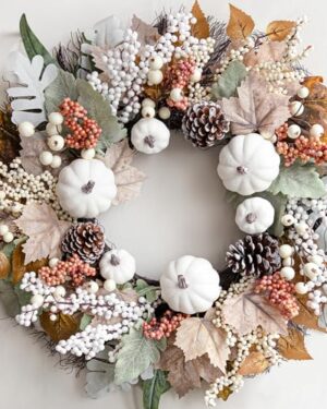 Fall Decor - 18 Inch Autumn Maple Leaf Pumpkin Pine Cone Berry Wreath