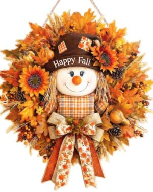 Fall Decorations for Home Wooden Fall Decor Scarecrow Door Wreath for Front Door Farmhouse Scarecrow Maple Leaf Welcome Sign Door Hanger for Autumn Harvest Thanksgiving Outdoor Indoor Wall Home Decor