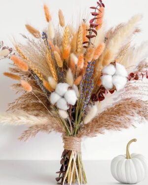 Fall Dried Flower Bouquet – Boho Fall Decor with Pampas Grass, Cotton, and Orange Bunny Tails – Autumn Floral Arrangement for Home, Mantel, or Vase – Fall Decorations for Home Indoor & Porch