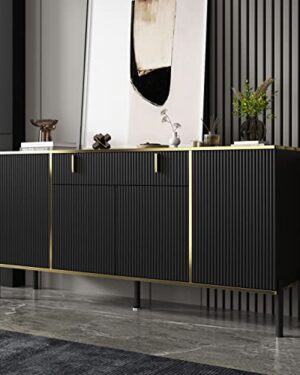 FAMAPY Modern Credenza Sideboard Buffet with Drawer & Pop-Up Doors, Buffet Sideboard Storage Cabinet with Black Metal Legs, for Living Room Hallway Black and Gold (63”W x 15.7”D x 31.5”H)