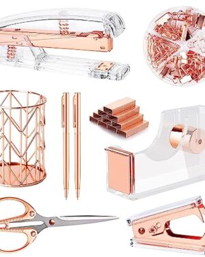 Famassi Rose Gold Desk Accessories,Office Supplies Set Acrylic Stapler Set Staple Remover, Tape Holder, 2 Ballpoint Pen, Scissor, Binder/Paper Clips and 1000pcs Staples.