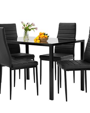 FDW | 5-Piece Dining Table Set | Black | Glass Kitchen Table