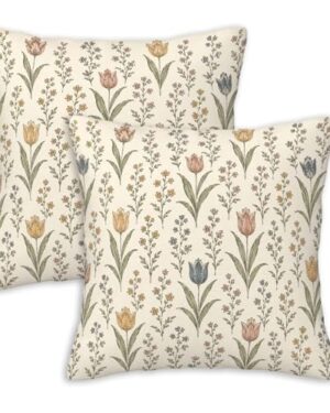 FexNuvko Vintage Tulip Throw Pillow Covers 18x18 Set of 2 | Pink Yellow Blue Floral Decorative Cushion Covers | Cottage Garden Pillowcases for Couch Sofa Bed Living Room Home Decor