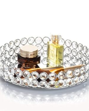 Feyarl Crystal Perfume Tray Cosmetic Makeup Vanity Tray Jewelry Trinket Organizer Mirrored Decorative Tray for Home Deco Christmas Birthday Gift(Round 10" inch) (Silver)