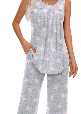 Findsweet 2026 Pajamas Sets for Women Soft Sleeveless Pjs Tank Top and Pants with Pocket Ladies Loungewear Sets XL, fl Pink Star
