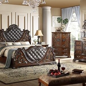 First of a Kind Santa Monica Traditional 5 Piece King Bedroom Set with Upholstered Tufted Headboard Elegant Classic Design Coordinated Furniture Collection, Cherry