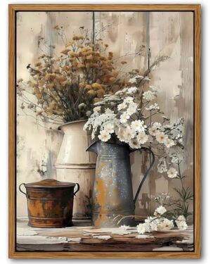 Floating Framed Farmhouse Vintage Canvas Wall Art, Country Floral Daisy Pictures Wall Decor, Wood Grain Art Paintings Poster for Living Room Bedroom Bathroom Rustic Decor 8x10 inch