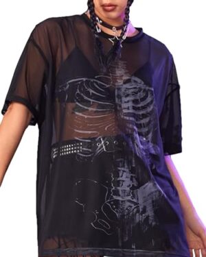 Floerns Women's Short Sleeve Skeleton Sheer Mesh T Shirt Rave Tops