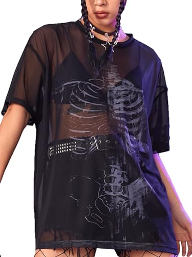 Floerns Women's Short Sleeve Skeleton Sheer Mesh T Shirt Rave Tops