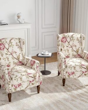 Floral Wingback Accent Chairs Set of 2,High Back Upholstered Armchair,Beige