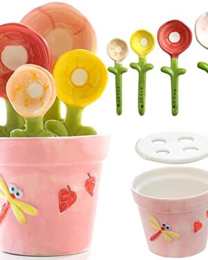 Flower Measuring Spoons Set in Pot Unique Baking Gifts Ceramic Cute Measuring Cups and Spoons with Holder for Dry Wet Ingredients Dishwasher Safe Pink