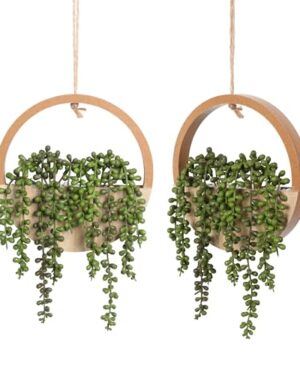 Floweroyal 2pcs Artificial Succulents Hanging Plants 12.2'' Fake String of Pearls in Pot with 8.3'' Lanyard for Indoor Outdoor Wall Decor(Wood Color).