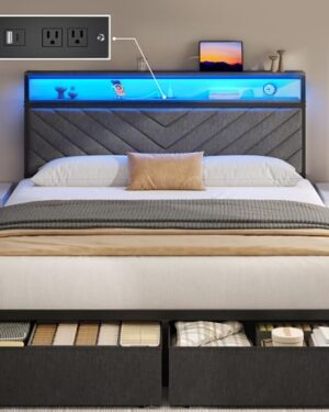 Fluest Queen Bed Frame with 2 Drawers, Upholstered Headboard with Storage and Charging Station, LED Lights, Fabric Drawers with Wheels, Under Bed Storage, No Box Spring Needed, Easy Assembly, Grey