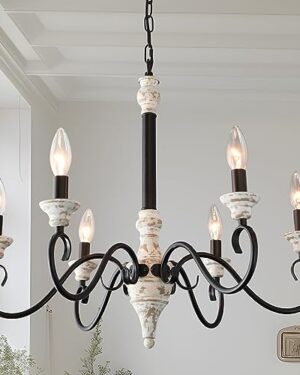 Fminlla Farmhouse French Country Chandelier 6 Light, Distressed White Wood