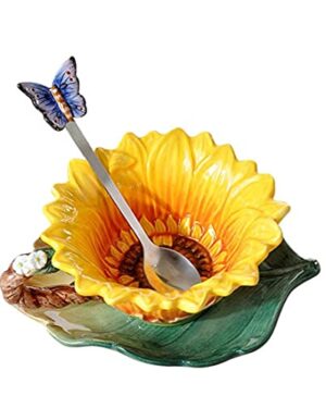 FORLONG Ceramic Coffee Mug & Saucer Set, 3D Sunflower & Leaf, 6oz