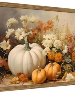 Framed Fall Pumpkin Wall Art - White Pumpkin and Autumn Floral Canvas Print, Rustic Farmhouse Harvest Halloween Thanksgiving Wall Decor for Living Room Bedroom Dining Room, 8x10in Wood Frame