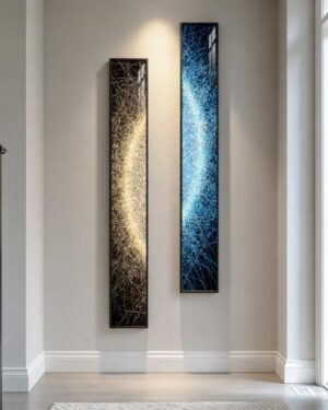 Framed Long Narrow Vertical Wall Art Set of 2, Modern Abstract Black Gold Blue Paintings, Bright Minimalist Luxury Artwork for Walls, Picture Prints for Hallway Living Room Entryway Wall Decor