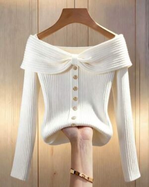 Franclia Women Cream White Knitted Stretch Hollow Strip Lapel Bow Button Long Sleeve One-Line Collar T-Shirt,Fall Winter Elegant Tea Party French Elegance Top