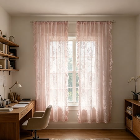 French Lace Curtain Sheer Rod Pocket Window Panel 55x63 Inch, Floral Embroidery Semi-Sheer for Living Room Bedroom