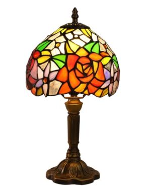 FUMAT Rose Tiffany Small Table Lamp 3 Way Color Temperatures Stained Glass Bedside Nightstand Table Lamps for Living Room,Bedroom, Home Office Reading Desk Lamp+LED Bulb,8X8X15 Inch