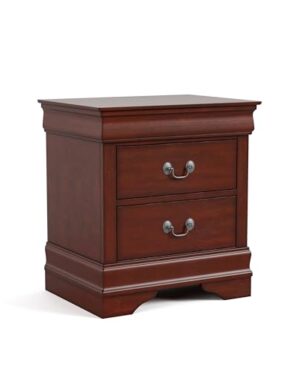 Furniture of America Arabella Traditional Solid Wood Nightstand with Drawers and Antique Nickle Handles, Small Bedside Table, No Assembly Wooden Night Stand for Bedroom, Guest Room, Dorm, Cherry
