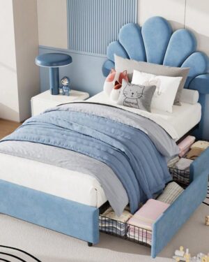 SHEIN | Twin Size Blue Velvet Upholstered Kids Bed Frame