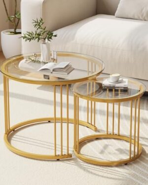 Garden 4 you Nesting Coffee Table, 23.6" Round Coffee Table Set of 2, Glass Nesting Table with Metal Frame, Ceter Tables for Living Room Bedroom Balcony, Gold