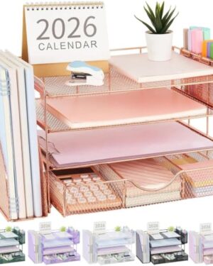 gianotter Desk Organizers and Accessories with File Holder, 4-Tier Desk Accessories & Workspace Organizers with Drawer and 2 Pen Holder, Paper Organizer for Office Supplies (Rose Gold)