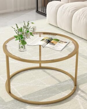 Glass Coffee Table,Round Gold Coffee Table for Small Space,27" Modern Center Table,Glass Top Clear Coffee Table with Sturdy Metal Frame for for Living Room Home Office, Easy Assembly