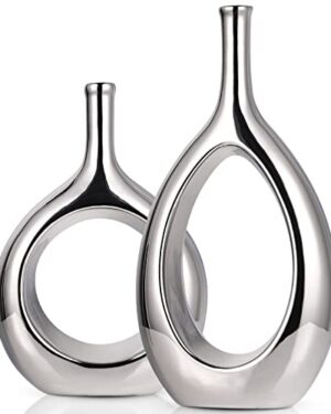 Glossy Silver Vase Ceramic Silver Vases Home Decor,Modern Minimalist Circle with Hole Decorative Vase, Hollow Ellipse Flower vases for Bookshelf, Fireplace Mantle, Centerpieces,Farmhouse,Rustic Décor