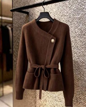 GlowEve New V-Neck Cardigan For Women, European And American Style Color Blocking Elegant Minimalist Fashion Knit Top