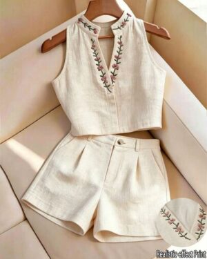 GlowEve Women's Summer Embroidered 2 Pieces Set, Refreshing Linen-Feel Sleeveless Top And Shorts Set, Embroidered Stand Collar Sleeveless Top 2 Pieces Set, Daily Commute Casual...