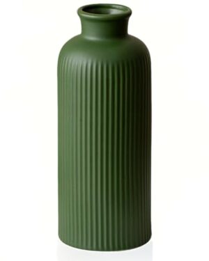 Green Ribbed Ceramic Vase for Flowers, Modern Textured Decorative Vase, 10 Inch Tall, 4 Inch Width, Farmhouse Style Home Decor (Matte Glaze Green)