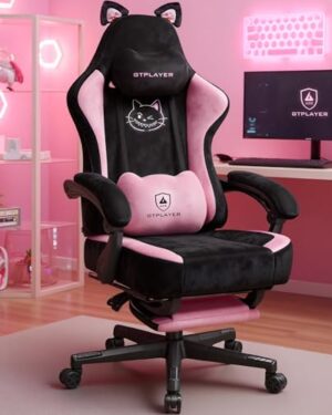 GTPLAYER Pink Gaming Chair Cute with Cat Ears Ergonomic Computer Chair with Cat Embroidery Adjustable Memory Foam Lumbar Support and Headrest Comfortable Reclining Office Chair Soft Velvet Fabric