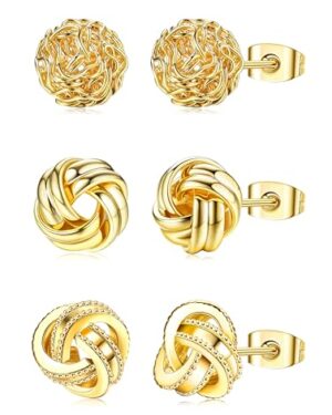 Amazon | 3 Pairs 14K Gold Plated Knot Earrings For Women, Hypoallergenic Small Stud Earring, Ball Stud Earrings, Knot Post Earrings (14K Gold Plated)