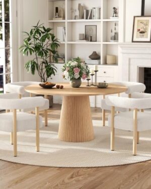 HAIZAO 5-Piece Round Dining Table Set, 47-Inch Modern Circle Kitchen Table Set with 4 Cream Upholstered Barrel Armchairs, Farmhouse Space Saving Round Dining Room Table Set for 4(Oak)