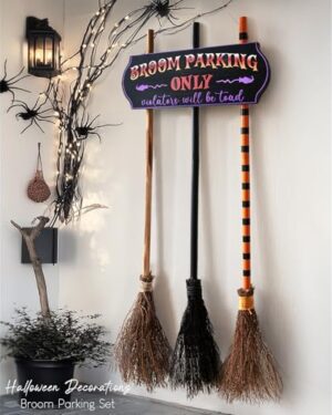 Halloween Decorations - Broom Parking Sign with 3 Wooden Witches Brooms